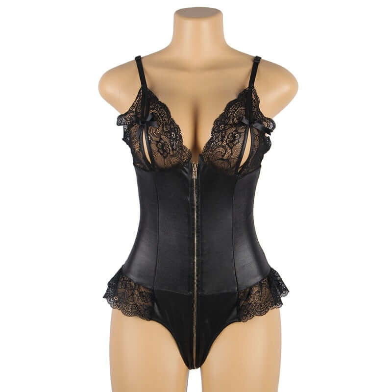 Lace Leather Stitched Zipper Bodysuit