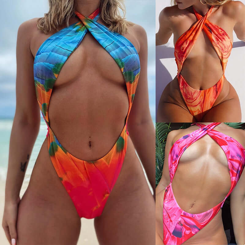 One piece swimsuit women stand alone with cross gradient print on chest