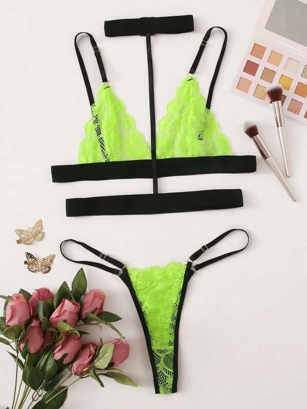 Elastic Neck Collar Lace Lingerie Set