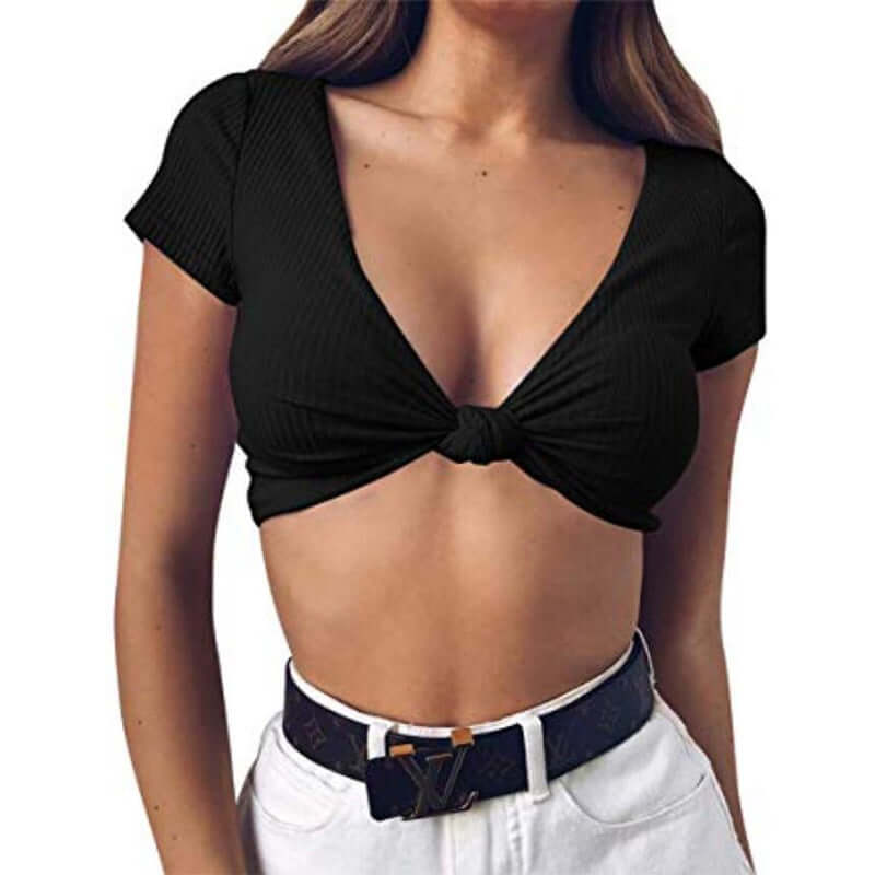 Knotted, Deep V-neck Short Sleeve Crop