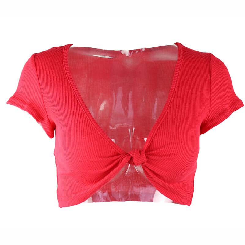Knotted, Deep V-neck Short Sleeve Crop