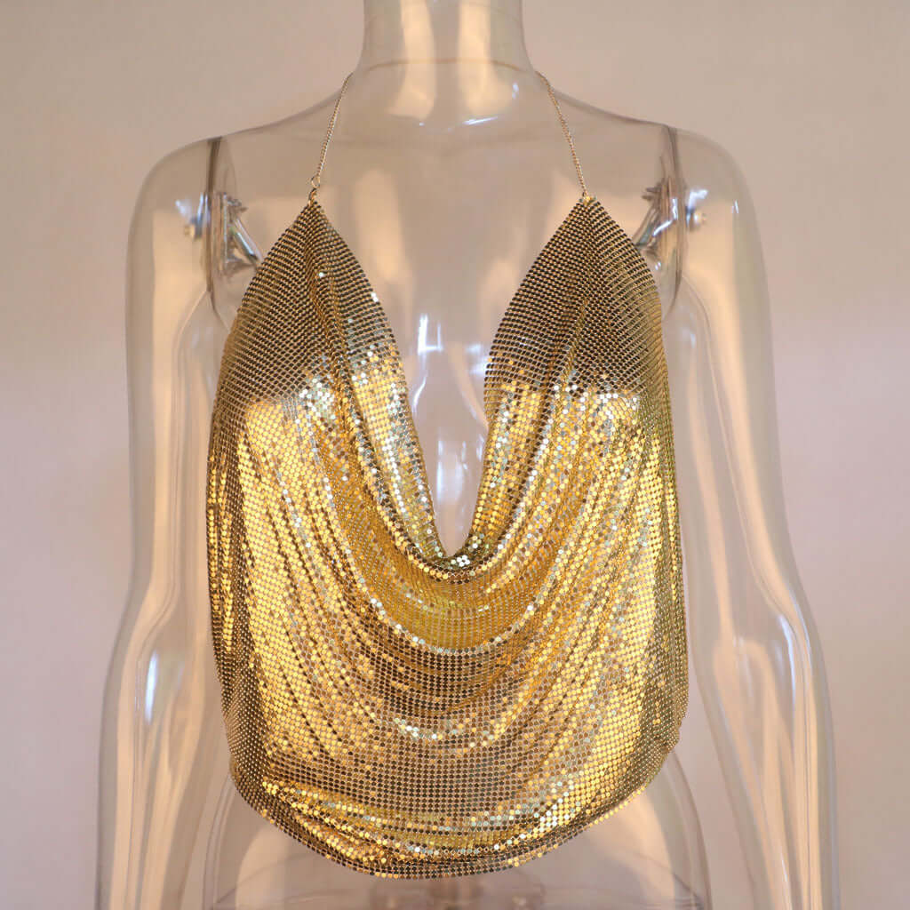 Metallic Sequined Sling Deep V Umbilical Vest