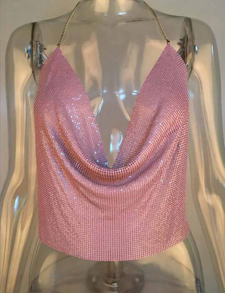 Metallic Sequined Sling Deep V Umbilical Vest