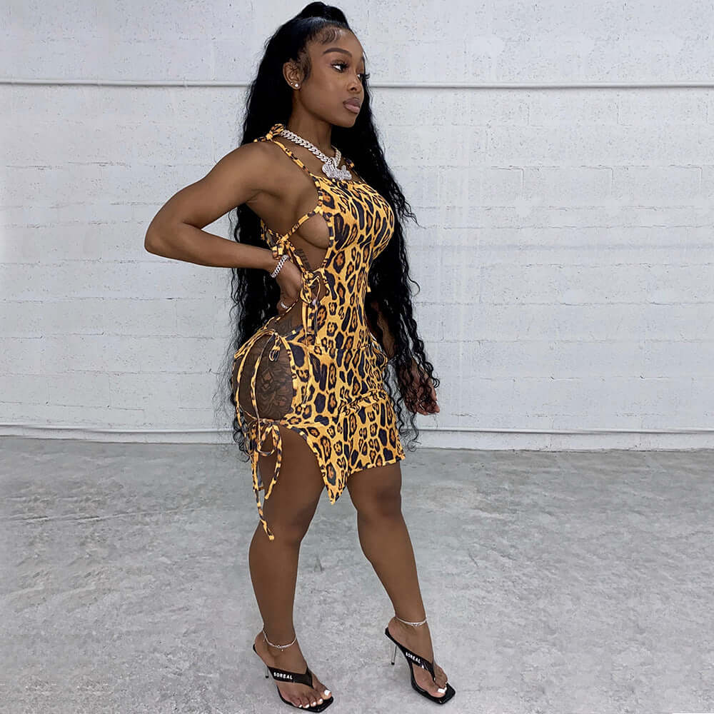 Leopard Sling Stitching Side Tie Dress