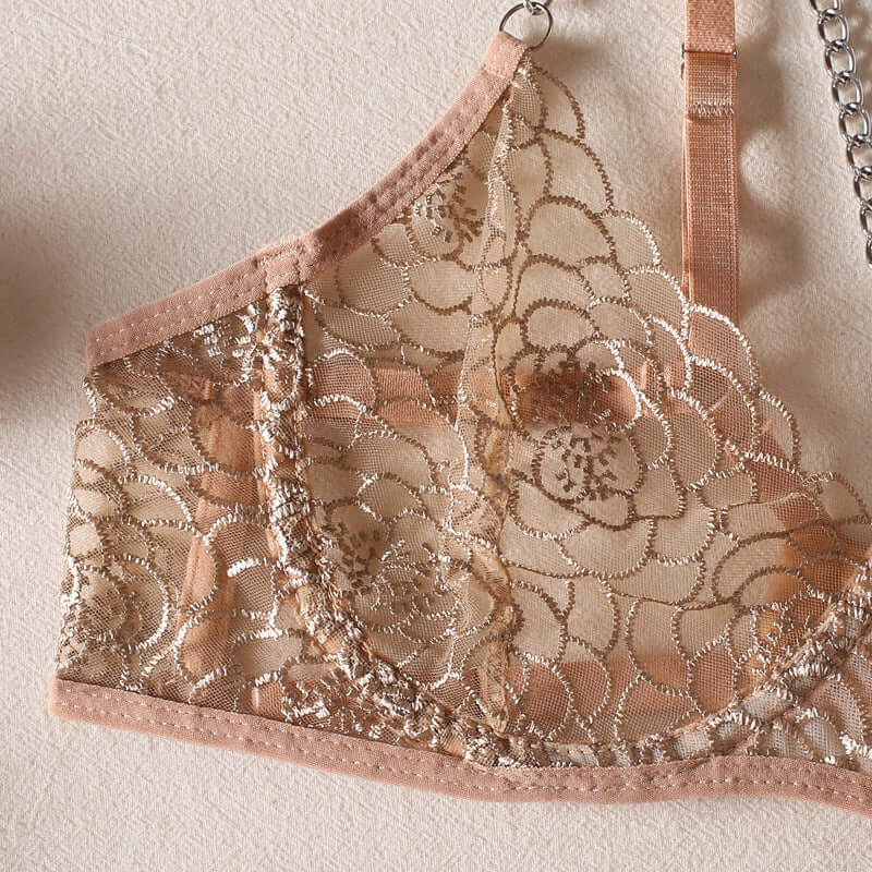 Laced Apricot Four Piece Lingerie Set