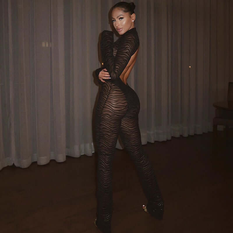 Tiger Print long See Through jumpsuit