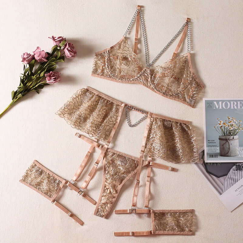 Laced Apricot Four Piece Lingerie Set
