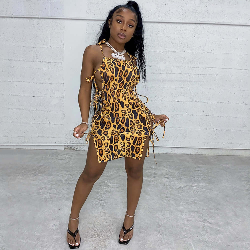 Leopard Sling Stitching Side Tie Dress
