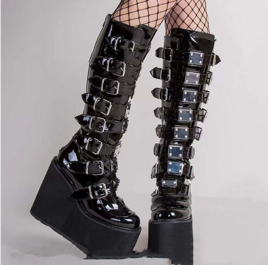 Metallic Belt Buckle Thick-soled High Boots Women