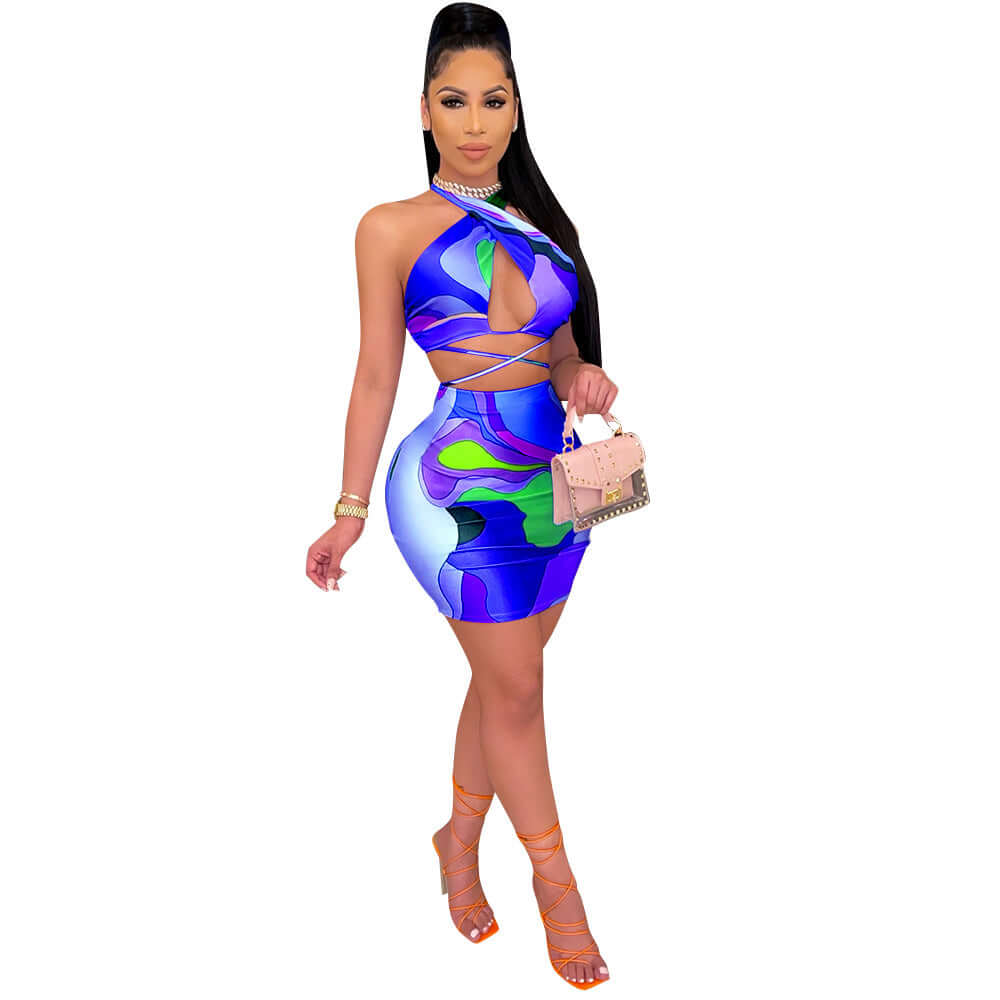 Printed Halter Two-Piece Dress