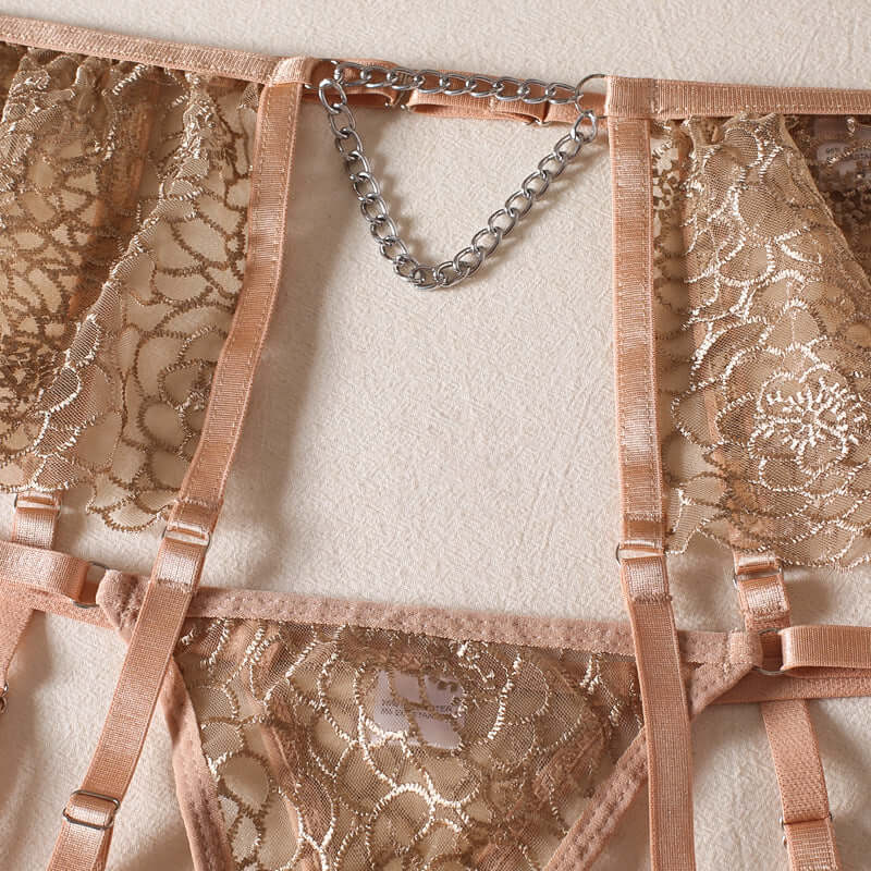 Laced Apricot Four Piece Lingerie Set