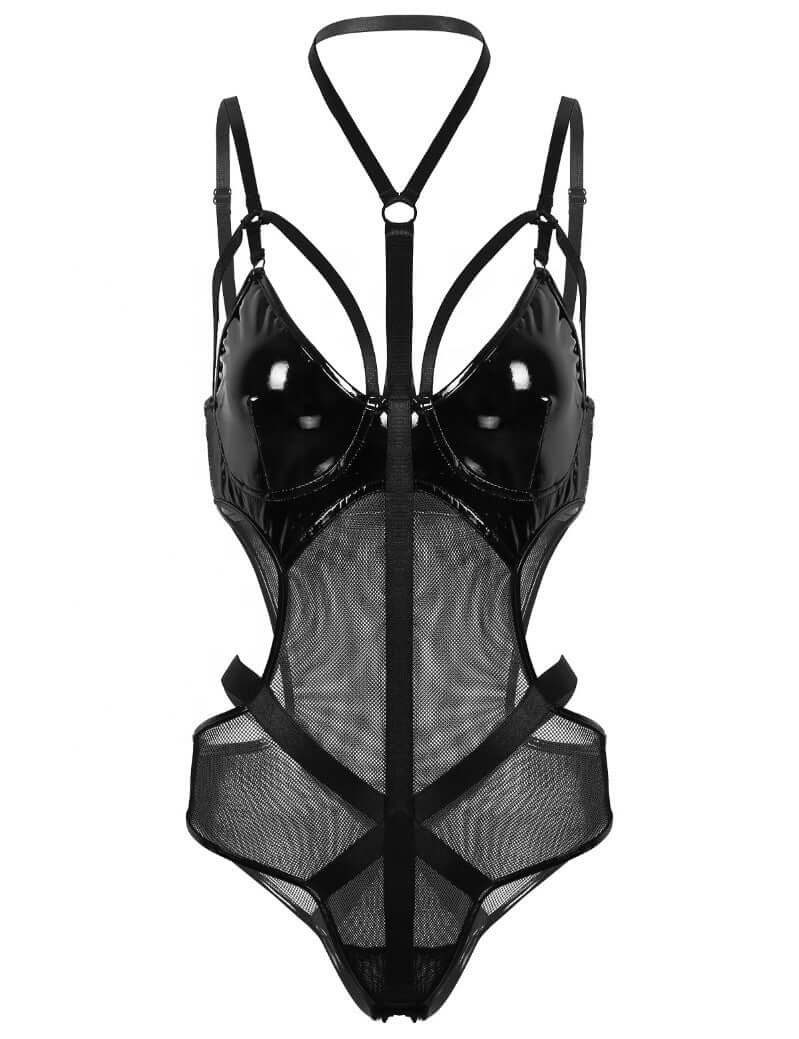 Mesh & Faux Leather PU Halter One Piece Lingerie