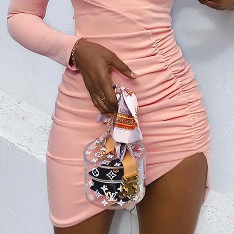 One shoulder long sleeve sexy Pleated Dress