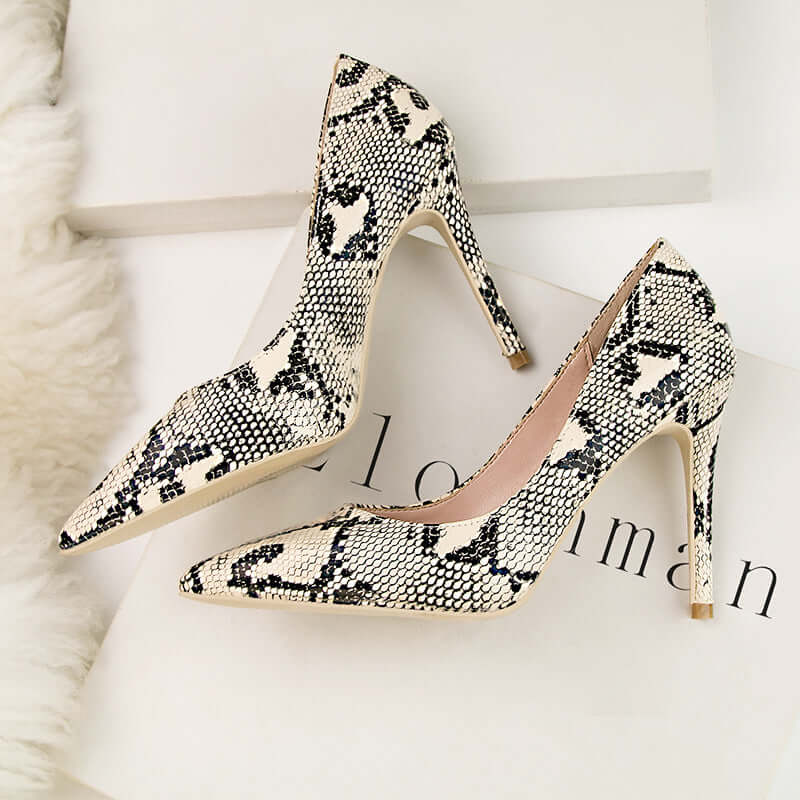 Snake Pattern Pointed Thin High Heels