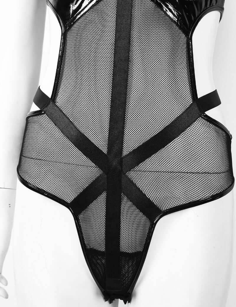 Mesh & Faux Leather PU Halter One Piece Lingerie