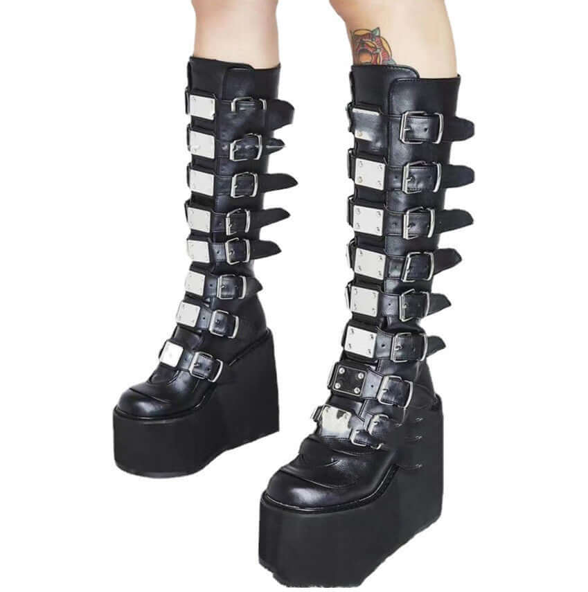 Metallic Belt Buckle Thick-soled High Boots Women