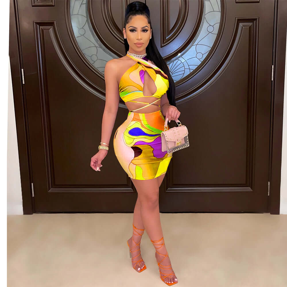 Printed Halter Two-Piece Dress