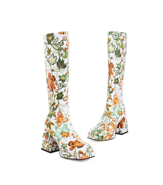 Floral Square Toe Knee Boots