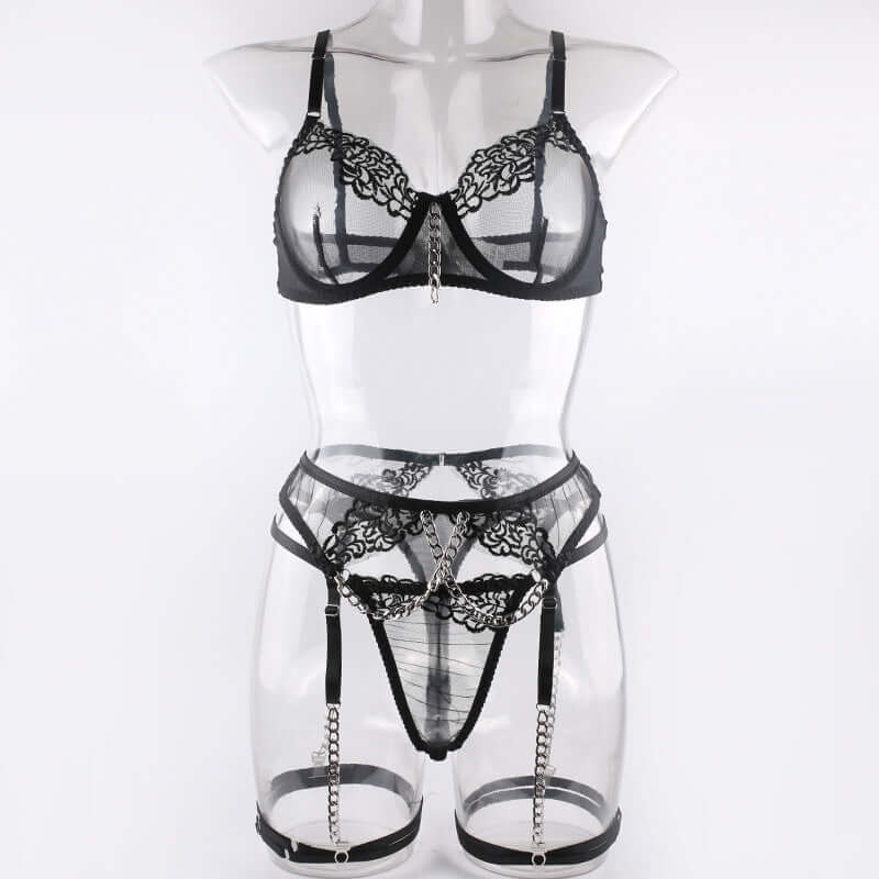 Embroidered Metal Chain Lingerie Set