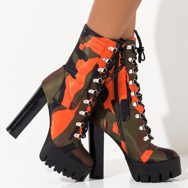 Blaze Camo Thick Heel Boots