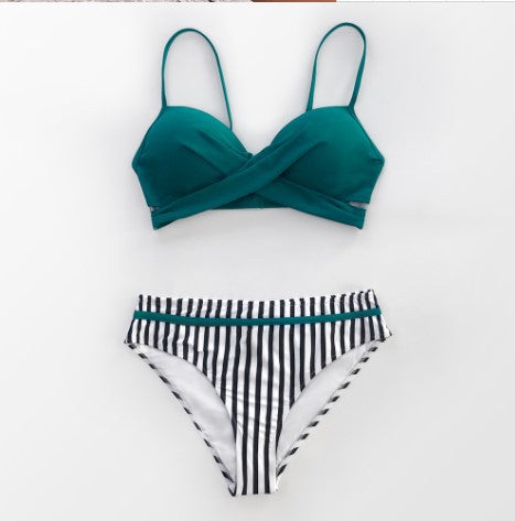 Sexy Thong Two-Piece Swimsuit Green Stripes