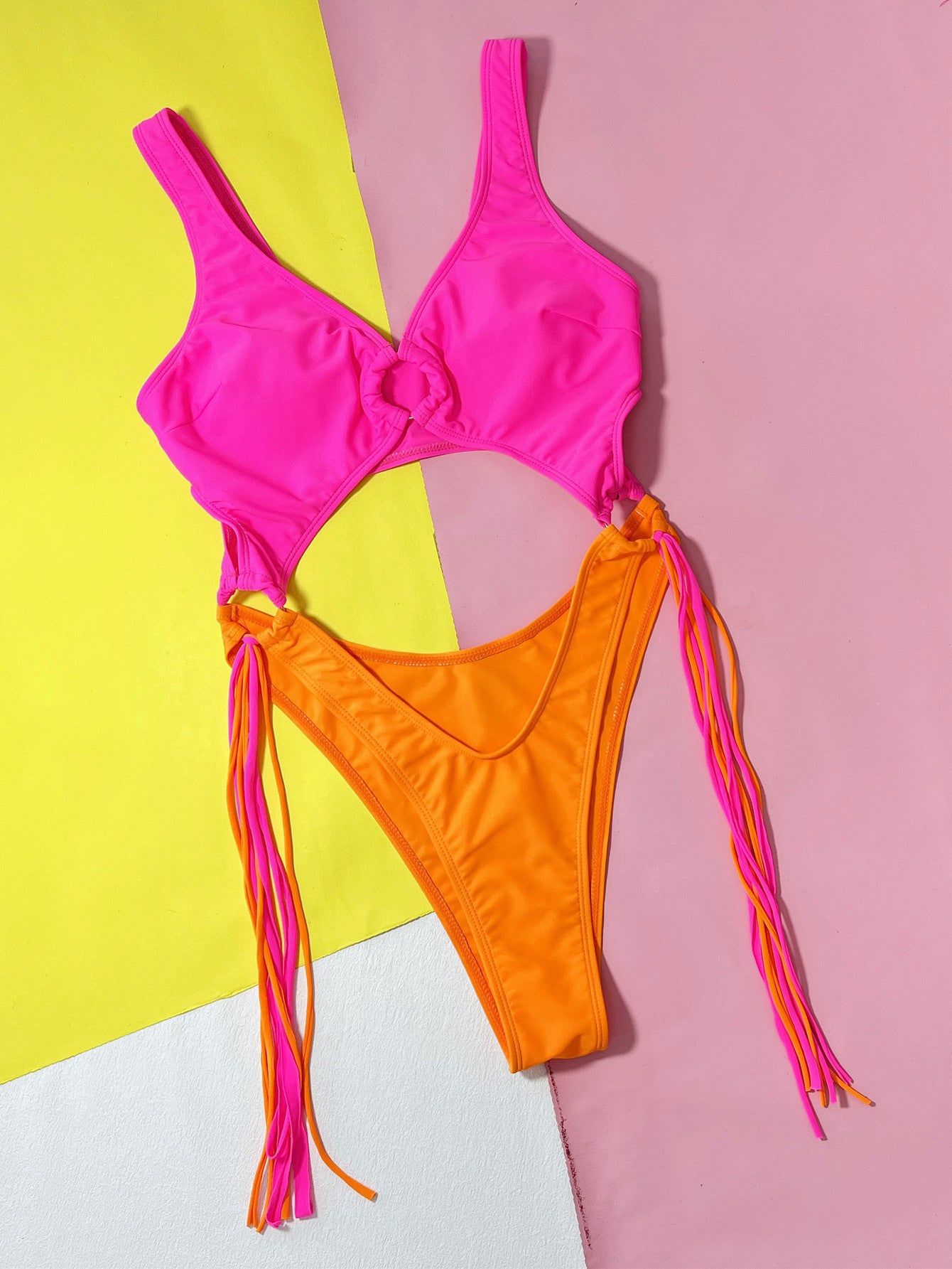 Retrowave Steel Ring Tassel Bikini One-piece Swimsuit