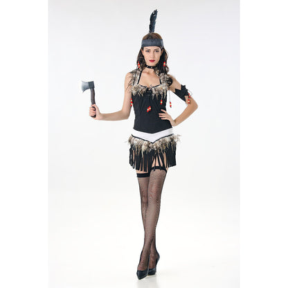 Person in a black costume with feathered headdress holding an axe on a white background