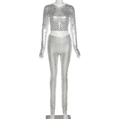 Metallic Mesh Two Piece Pants Suit