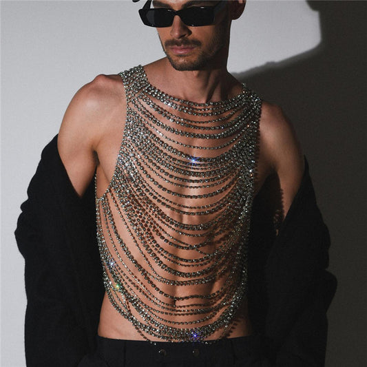 Mens Rhinestone Chest Chain