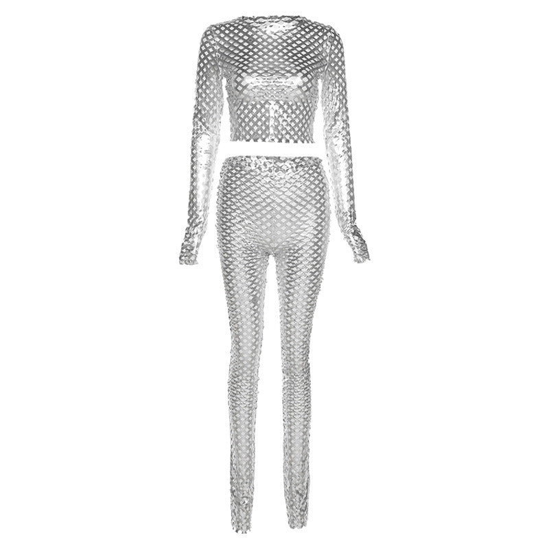 Metallic Mesh Two Piece Pants Suit