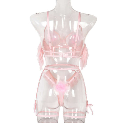 Pink Pleated Mesh Lingerie Set