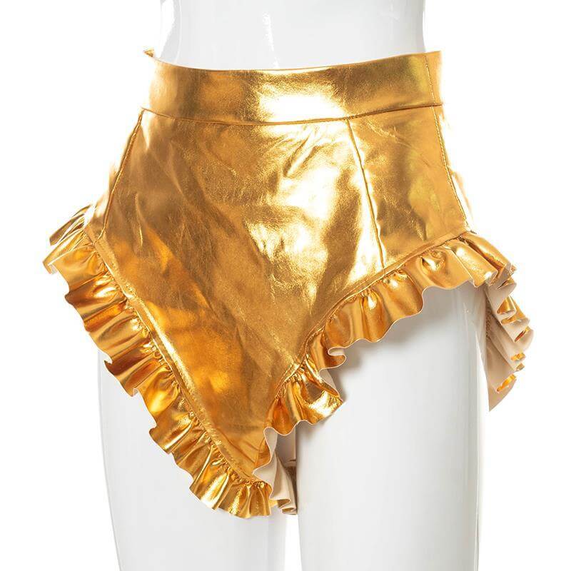 Metallic Ruffle Trim High Waist Mini Shorts
