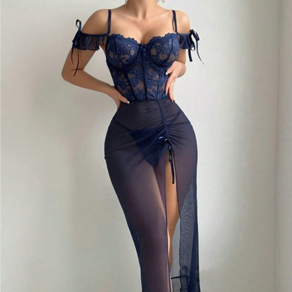 Navy blue lace lingerie set on a plain background