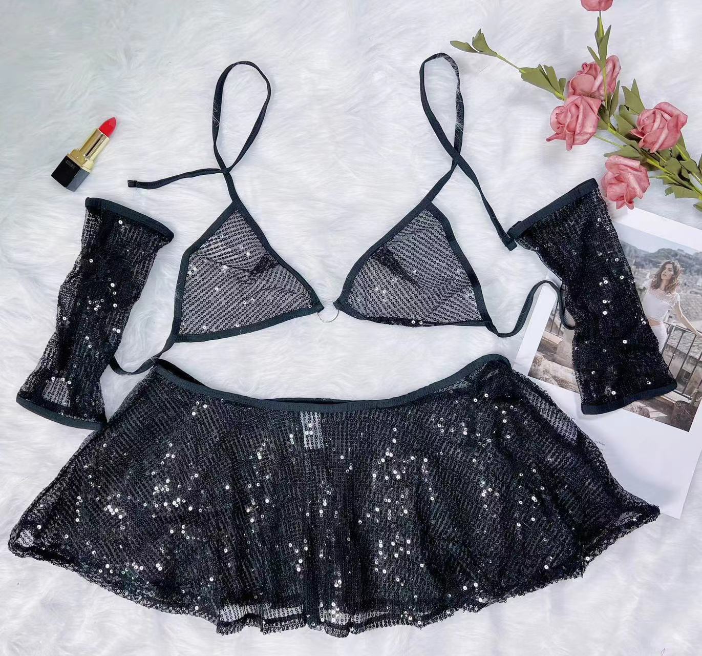 Sequined Mesh Skirt Set