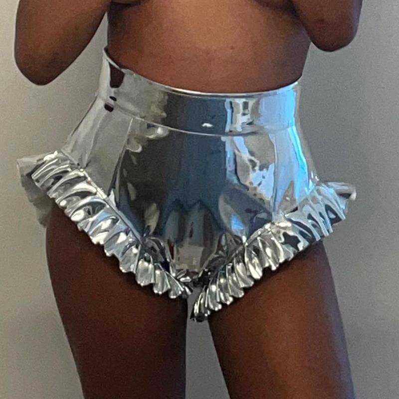 Metallic Ruffle Trim High Waist Mini Shorts