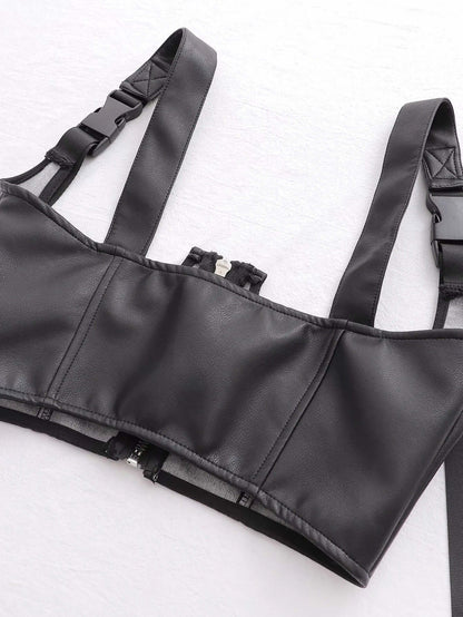 PU Leather Zip Front Corset Crop Top