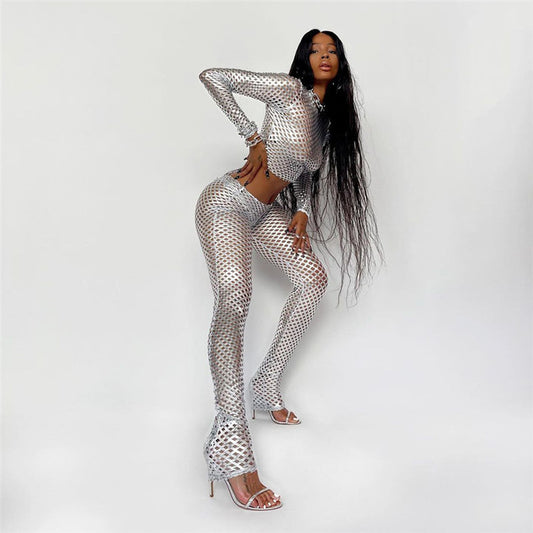 Metallic Mesh Two Piece Pants Suit