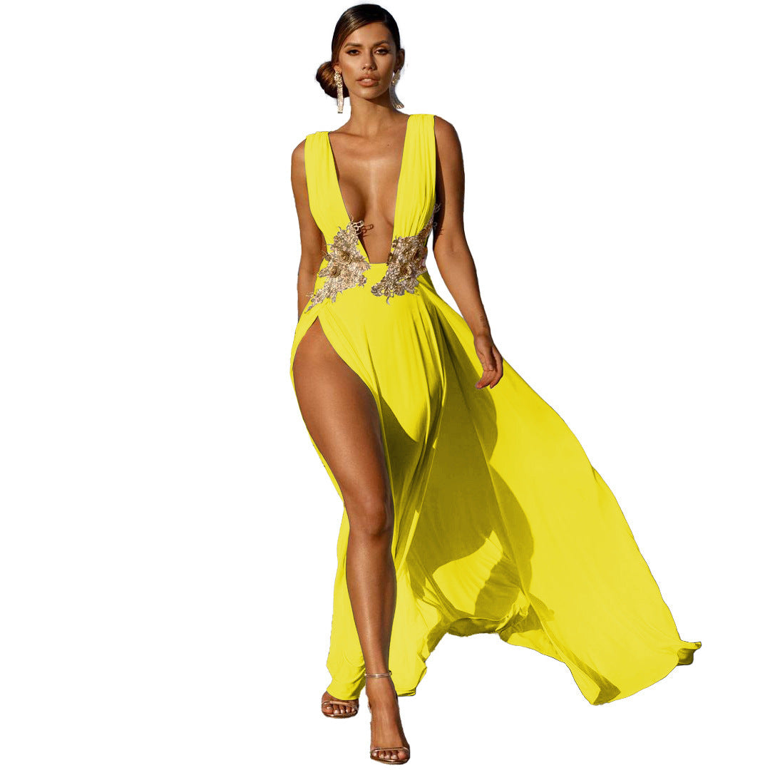 Goddess Deep V High Slit Large Swing Floor Long Dress