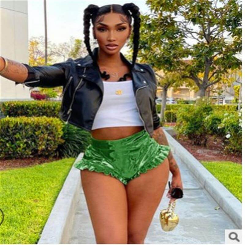 Metallic Ruffle Trim High Waist Mini Shorts