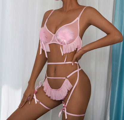 Pink Pleated Mesh Lingerie Set