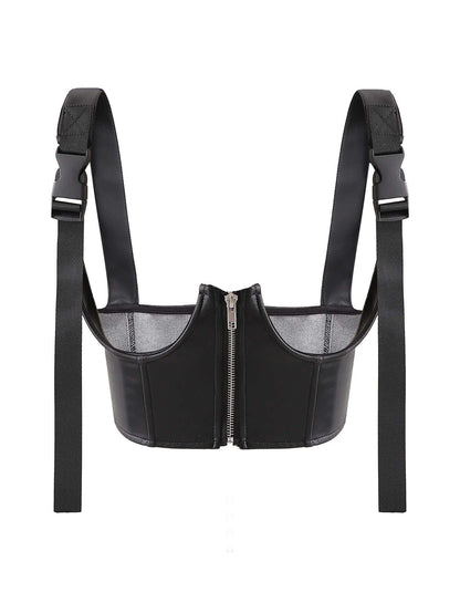 PU Leather Zip Front Corset Crop Top