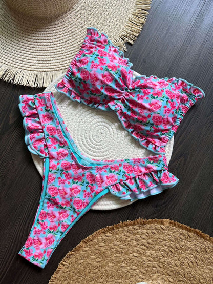 Scrunched Roses Strapless Thong Bikini