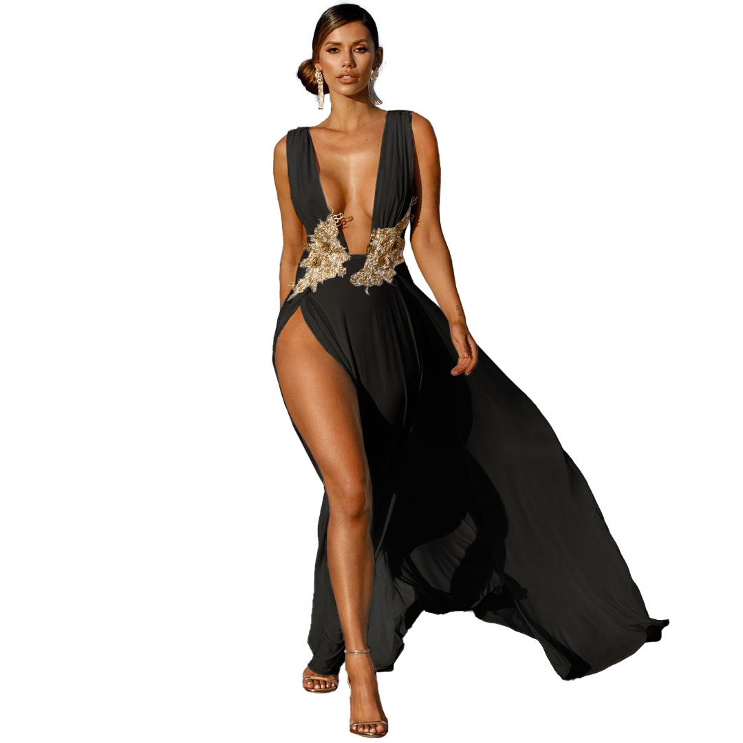 Goddess Deep V High Slit Large Swing Floor Long Dress