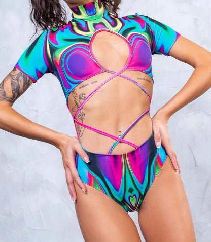 Ravetastic T-Neck Crossed Mid Bodysuit