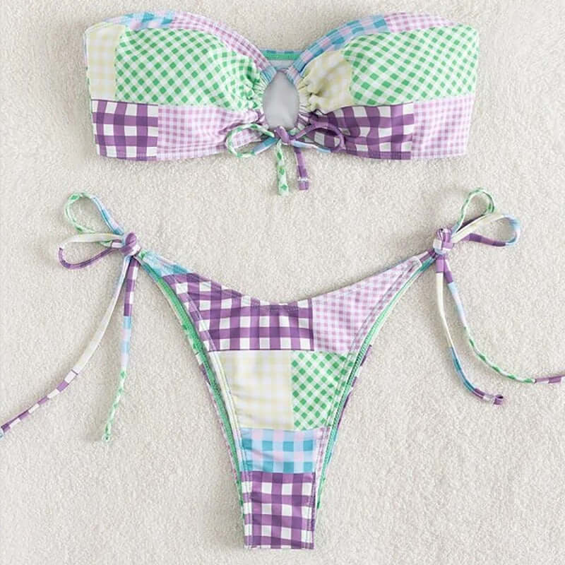 Plaid Mashup Strapless Bikini