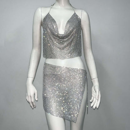 Rhinestone Halter Skirt Set