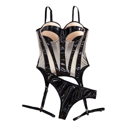 Wet Leather Mesh Corset Set