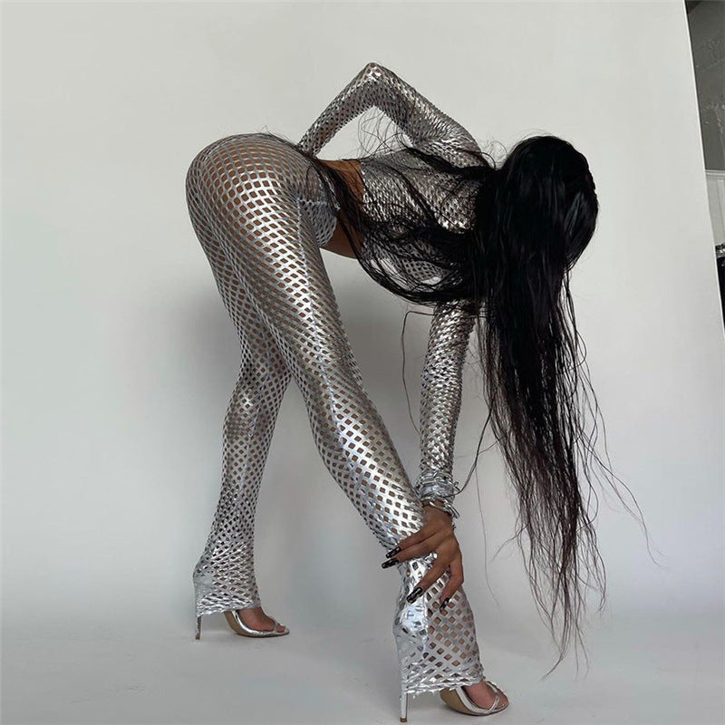 Metallic Mesh Two Piece Pants Suit