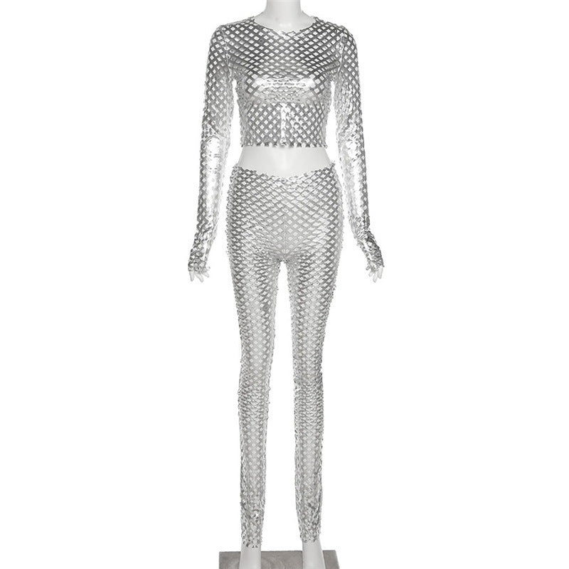 Metallic Mesh Two Piece Pants Suit