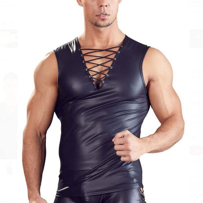 Laced Up V Neck Leather Cut Off